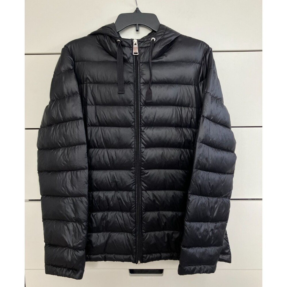 G.H. Bass Black Zip Up Puffer Coat Hoodie Size Medium Down Filled w Storage Bag